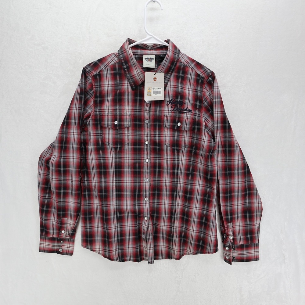 Harley Davidson Mens Red Plaid Snap Button Long Sleeve Shirt 99111-12VW L